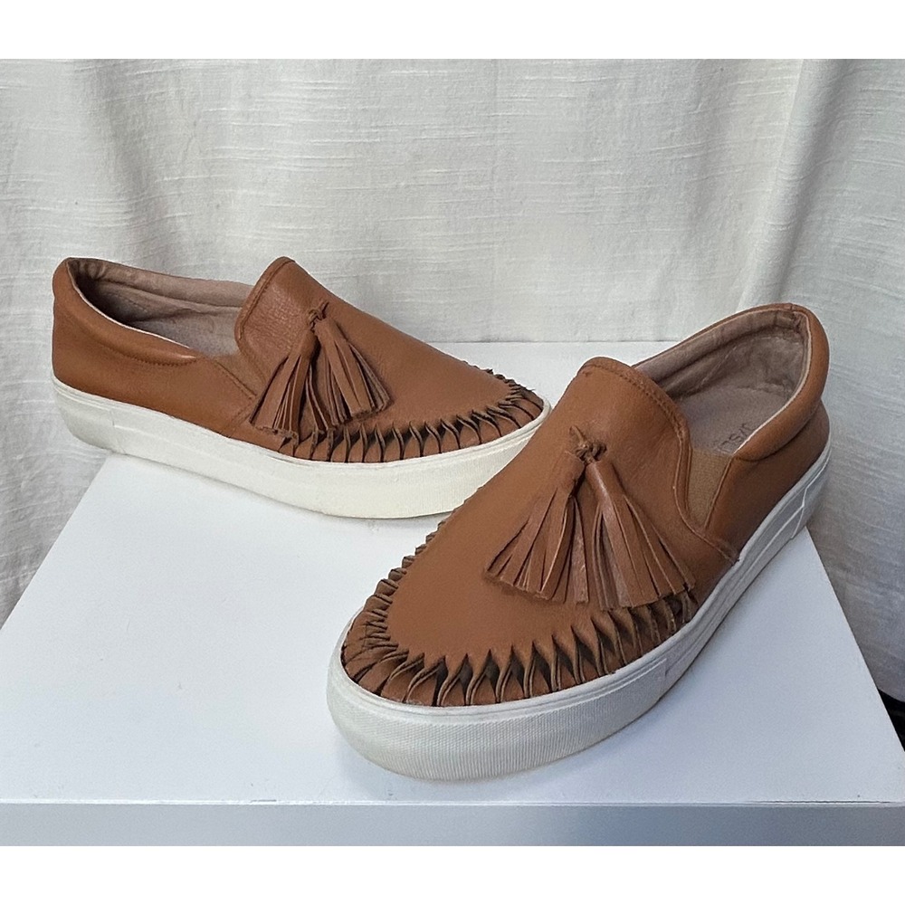 J/Slides NYC Tan Leather Tassel Huarache Slip On Platform Sneakers Mens